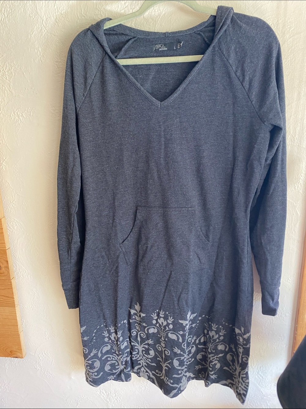 Prana Women's V-Neck Hooded Sweater Dress - Charcoal with Light Gray Floral Hem